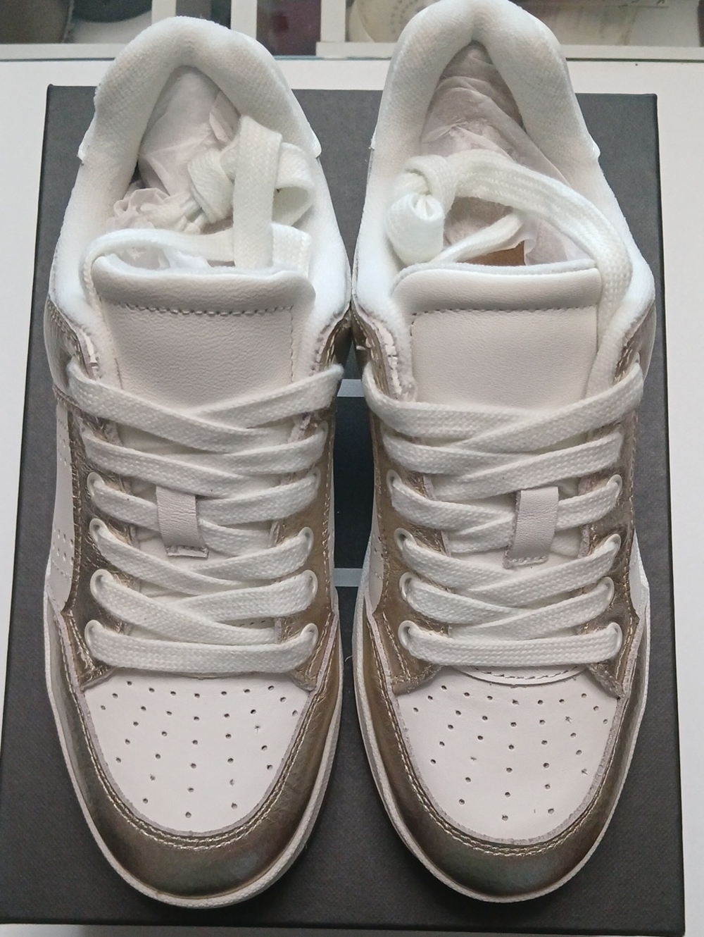 Marc Fisher Ivory and Metallic Gold Low-Top Sneakers